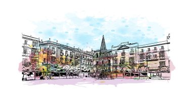 İspanya 'nın başkenti Cadiz' in simgesi olan Print Building View 'dir. Vektörde elle çizilmiş resim ile suluboya sıçraması.