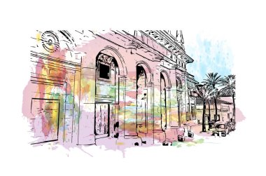 İspanya 'nın başkenti Cadiz' in simgesi olan Print Building View 'dir. Vektörde elle çizilmiş resim ile suluboya sıçraması.