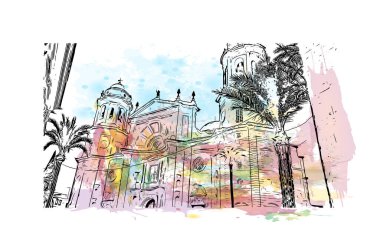 İspanya 'nın başkenti Cadiz' in simgesi olan Print Building View 'dir. Vektörde elle çizilmiş resim ile suluboya sıçraması.