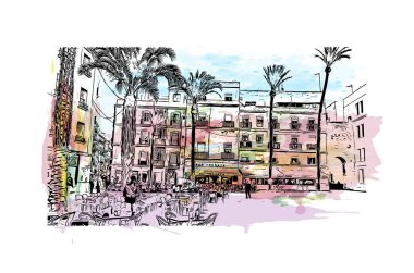 İspanya 'nın başkenti Cadiz' in simgesi olan Print Building View 'dir. Vektörde elle çizilmiş resim ile suluboya sıçraması.