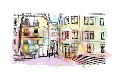 İspanya 'nın başkenti Cadiz' in simgesi olan Print Building View 'dir. Vektörde elle çizilmiş resim ile suluboya sıçraması.