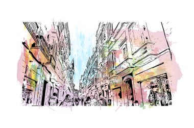 İspanya 'nın başkenti Cadiz' in simgesi olan Print Building View 'dir. Vektörde elle çizilmiş resim ile suluboya sıçraması.