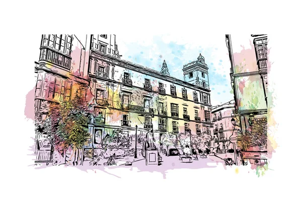 卡迪兹的标志性建筑是西班牙的一个城市 矢量手绘示意图水彩画 — 图库矢量图片