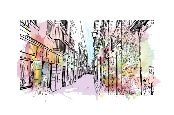 İspanya 'nın başkenti Cadiz' in simgesi olan Print Building View 'dir. Vektörde elle çizilmiş resim ile suluboya sıçraması.