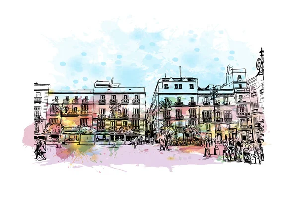 Vytisknout Pohled Budovu Orientačním Bodem Cádiz Město Španělsku Akvarelové Stříknutí — Stockový vektor