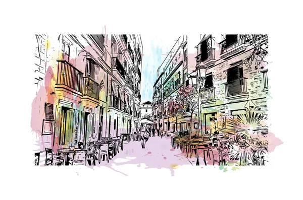 İspanya 'nın başkenti Cadiz' in simgesi olan Print Building View 'dir. Vektörde elle çizilmiş resim ile suluboya sıçraması.