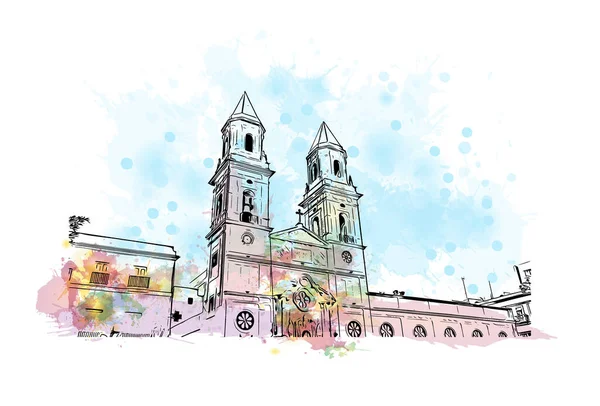 İspanya 'nın başkenti Cadiz' in simgesi olan Print Building View 'dir. Vektörde elle çizilmiş resim ile suluboya sıçraması.