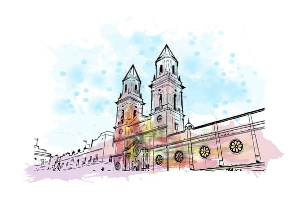 İspanya 'nın başkenti Cadiz' in simgesi olan Print Building View 'dir. Vektörde elle çizilmiş resim ile suluboya sıçraması.