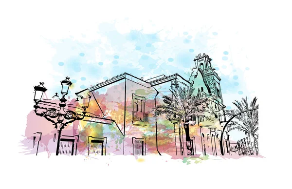 İspanya 'nın başkenti Cadiz' in simgesi olan Print Building View 'dir. Vektörde elle çizilmiş resim ile suluboya sıçraması.