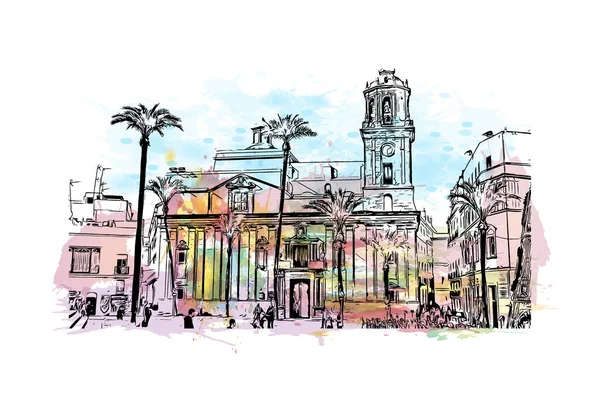 Print Building Vista Com Marco Cádiz Cidade Espanha Esguicho Aquarela — Vetor de Stock