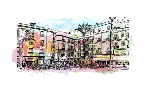 İspanya 'nın başkenti Cadiz' in simgesi olan Print Building View 'dir. Vektörde elle çizilmiş resim ile suluboya sıçraması.