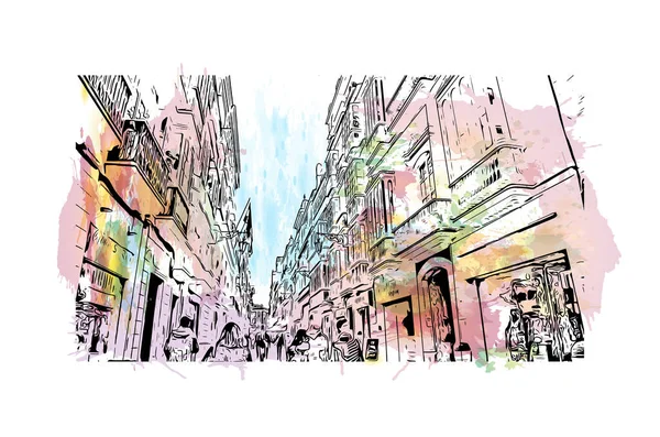 İspanya 'nın başkenti Cadiz' in simgesi olan Print Building View 'dir. Vektörde elle çizilmiş resim ile suluboya sıçraması.