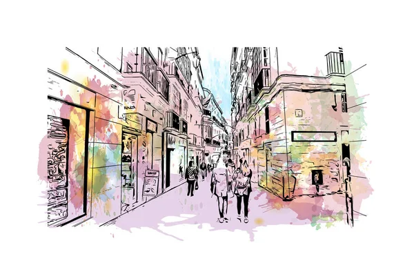 Print Building View Landmark Cadiz Staden Spanien Akvarell Stänk Med — Stock vektor