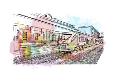 Print Building view with landmark of Cagliari is the capital city of the Italy. Vektörde elle çizilmiş resim ile suluboya sıçraması.