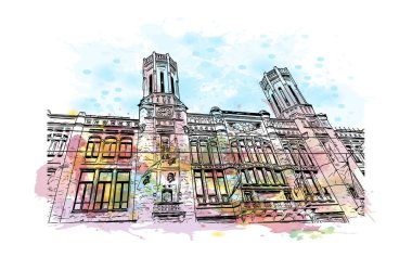 Print Building view with landmark of Cagliari is the capital city of the Italy. Vektörde elle çizilmiş resim ile suluboya sıçraması.