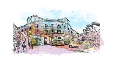 Print Building view with landmark of Cagliari is the capital city of the Italy. Vektörde elle çizilmiş resim ile suluboya sıçraması.