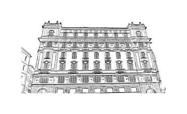 Print Building view with landmark of Cagliari is the capital city of the Italy. Vektörde elle çizilmiş çizim çizimi.