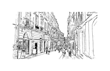 Print Building view with landmark of Cagliari is the capital city of the Italy. Vektörde elle çizilmiş çizim çizimi.