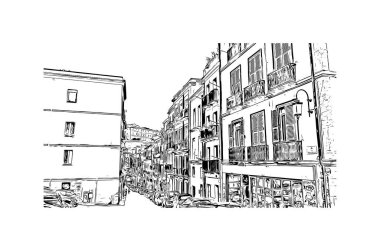 Print Building view with landmark of Cagliari is the capital city of the Italy. Vektörde elle çizilmiş çizim çizimi.