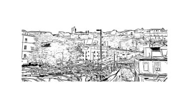 Print Building view with landmark of Cagliari is the capital city of the Italy. Vektörde elle çizilmiş çizim çizimi.