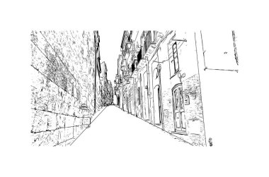 Print Building view with landmark of Cagliari is the capital city of the Italy. Vektörde elle çizilmiş çizim çizimi.