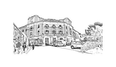 Print Building view with landmark of Cagliari is the capital city of the Italy. Vektörde elle çizilmiş çizim çizimi.