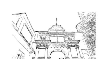 Print Building view with landmark of Cagliari is the capital city of the Italy. Vektörde elle çizilmiş çizim çizimi.