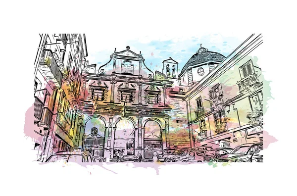 Vytisknout Pohled Budovu Orientačním Bodem Cagliari Hlavním Městem Itálie Akvarelové — Stockový vektor