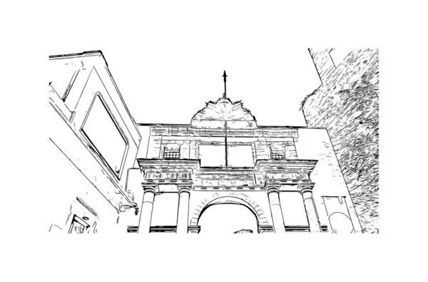 Print Building View Landmark Cagliari Italiens Huvudstad Handritad Skiss Illustration — Stock vektor