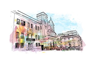 Print Building view with landmark of Cagliari, İtalya 'nın Sardunya adasının başkentidir. Vektörde elle çizilmiş resim ile suluboya sıçraması.