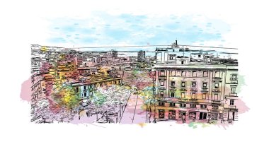 Print Building view with landmark of Cagliari, İtalya 'nın Sardunya adasının başkentidir. Vektörde elle çizilmiş resim ile suluboya sıçraması.