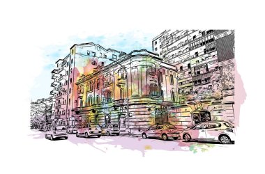 Print Building view with landmark of Cagliari, İtalya 'nın Sardunya adasının başkentidir. Vektörde elle çizilmiş resim ile suluboya sıçraması.