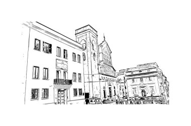 Print Building view with landmark of Cagliari, İtalya 'nın Sardunya adasının başkentidir. Vektörde elle çizilmiş resim ile suluboya sıçraması.