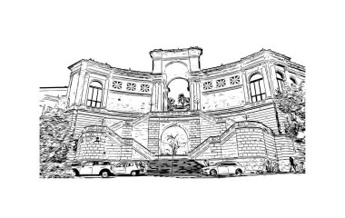Print Building view with landmark of Cagliari, İtalya 'nın Sardunya adasının başkentidir. Vektörde elle çizilmiş resim ile suluboya sıçraması.