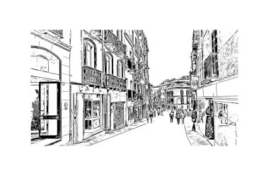 Print Building view with landmark of Cagliari, İtalya 'nın Sardunya adasının başkentidir. Vektörde elle çizilmiş resim ile suluboya sıçraması.