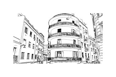 Print Building view with landmark of Cagliari, İtalya 'nın Sardunya adasının başkentidir. Vektörde elle çizilmiş resim ile suluboya sıçraması.