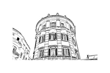 Print Building view with landmark of Cagliari, İtalya 'nın Sardunya adasının başkentidir. Vektörde elle çizilmiş resim ile suluboya sıçraması.