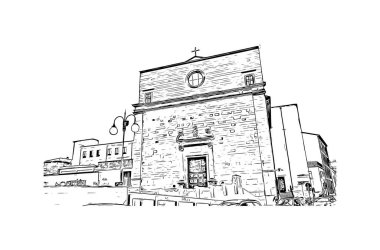 Print Building view with landmark of Cagliari, İtalya 'nın Sardunya adasının başkentidir. Vektörde elle çizilmiş resim ile suluboya sıçraması.