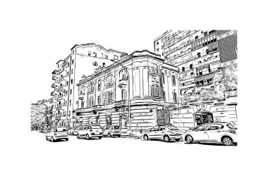 Print Building view with landmark of Cagliari, İtalya 'nın Sardunya adasının başkentidir. Vektörde elle çizilmiş resim ile suluboya sıçraması.