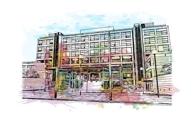 Print Building view with landmark of Cagliari, İtalya 'nın Sardunya adasının başkentidir. Vektörde elle çizilmiş resim ile suluboya sıçraması.