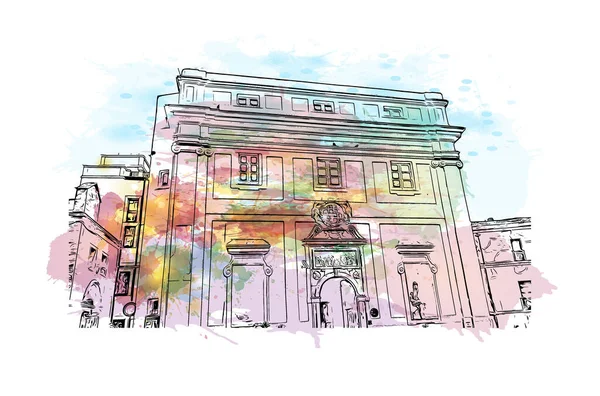 Print Building view with landmark of Cagliari, İtalya 'nın Sardunya adasının başkentidir. Vektörde elle çizilmiş resim ile suluboya sıçraması.