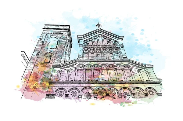 Print Building view with landmark of Cagliari, İtalya 'nın Sardunya adasının başkentidir. Vektörde elle çizilmiş resim ile suluboya sıçraması.