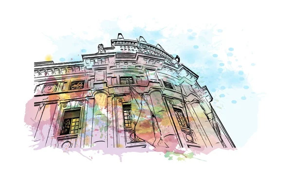 Print Building view with landmark of Cagliari, İtalya 'nın Sardunya adasının başkentidir. Vektörde elle çizilmiş resim ile suluboya sıçraması.