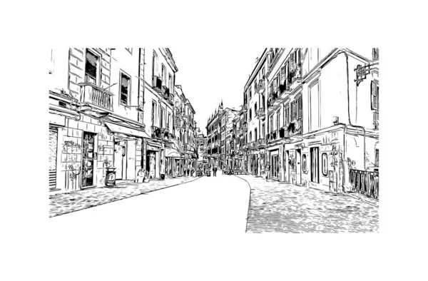 印刷カリアリのランドマークとビルの景色はサルデーニャ島のイタリアの首都です 手描きのスケッチイラストと水彩スプラッシュベクトル — ストックベクタ