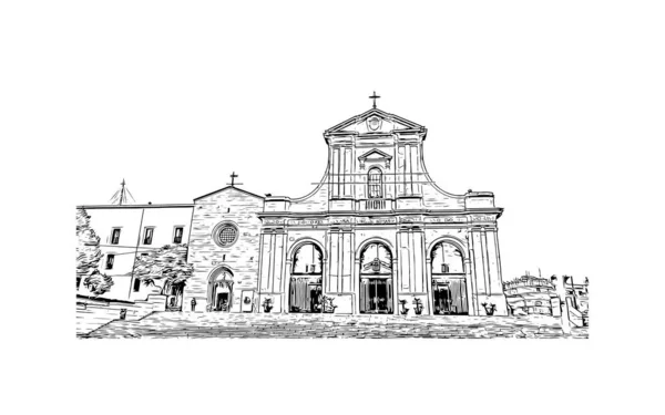 Print Building View Landmark Cagliari Huvudstaden Den Italienska Sardinien Akvarell — Stock vektor