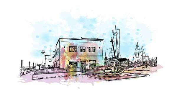 Print Building view with landmark of Cagliari, İtalya 'nın Sardunya adasının başkentidir. Vektörde elle çizilmiş resim ile suluboya sıçraması.