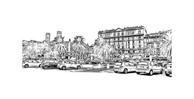 Print Building view with landmark of Cagliari, İtalya 'nın Sardunya adasının başkentidir. Vektörde elle çizilmiş çizim çizimi.