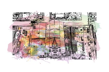 Calama 'nın simgesi olan Print Building View, Şili' deki bir şehirdir. Vektörde elle çizilmiş resim ile suluboya sıçraması.