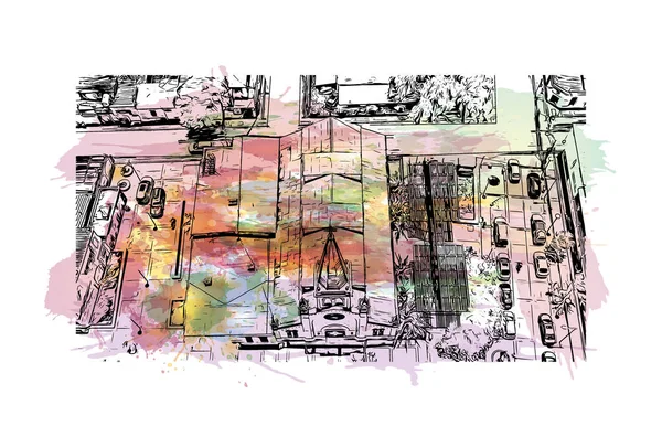 Print Вид Здание Достопримечательностью Каламы Город Чили Всплеск Акварели Рисунком — стоковый вектор