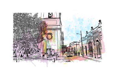 Print Building view with landmark of Camaguey is the city in Cuba. Vektörde elle çizilmiş resim ile suluboya sıçraması.